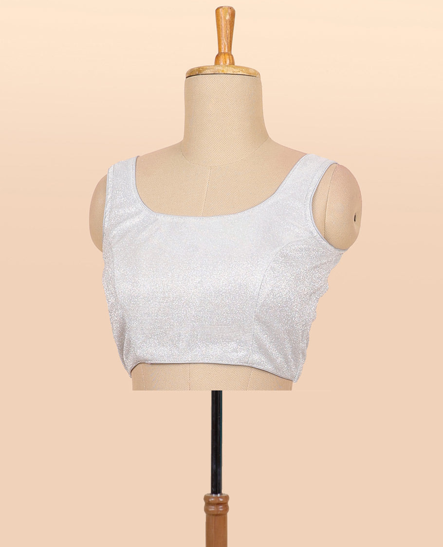 Grey striped zari design  front & back deep round-neck raw-silk readymade sleeveless blouse