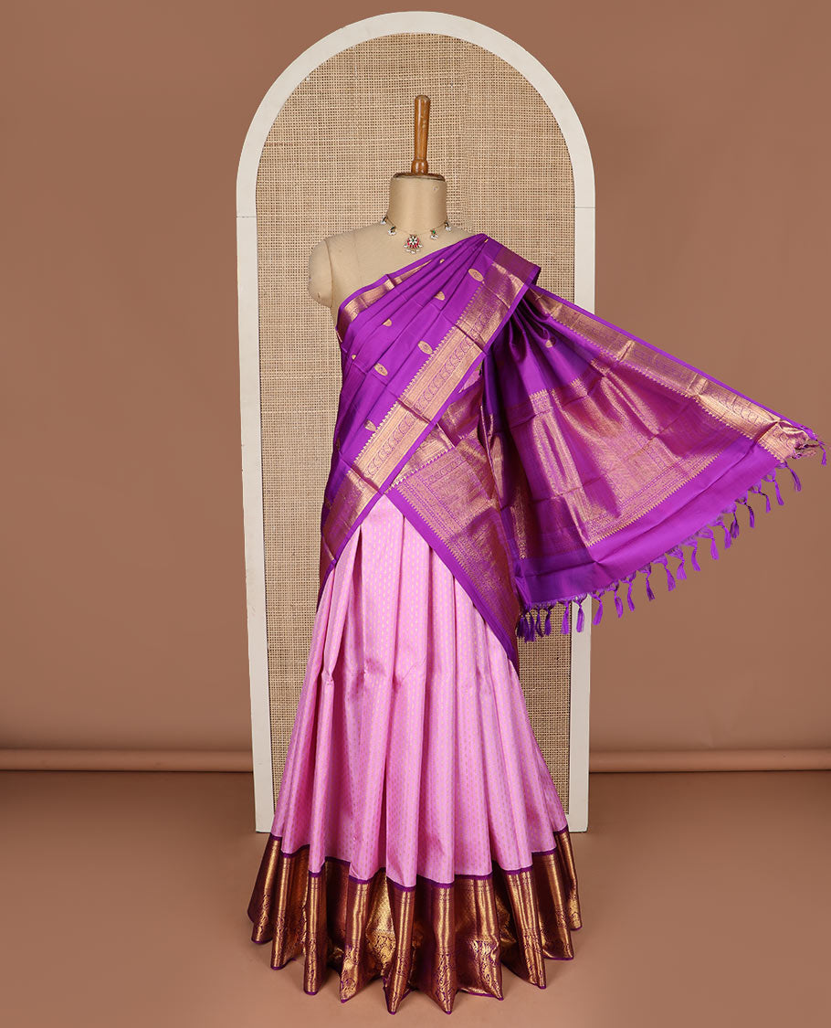 Pink puresilk halfsaree, zari buttas skirt,contrast border, and blouse of thilakam mokku,banaras,kamalam,jaal,mayil, and yaanai, and traditional motifs steeped dhavani