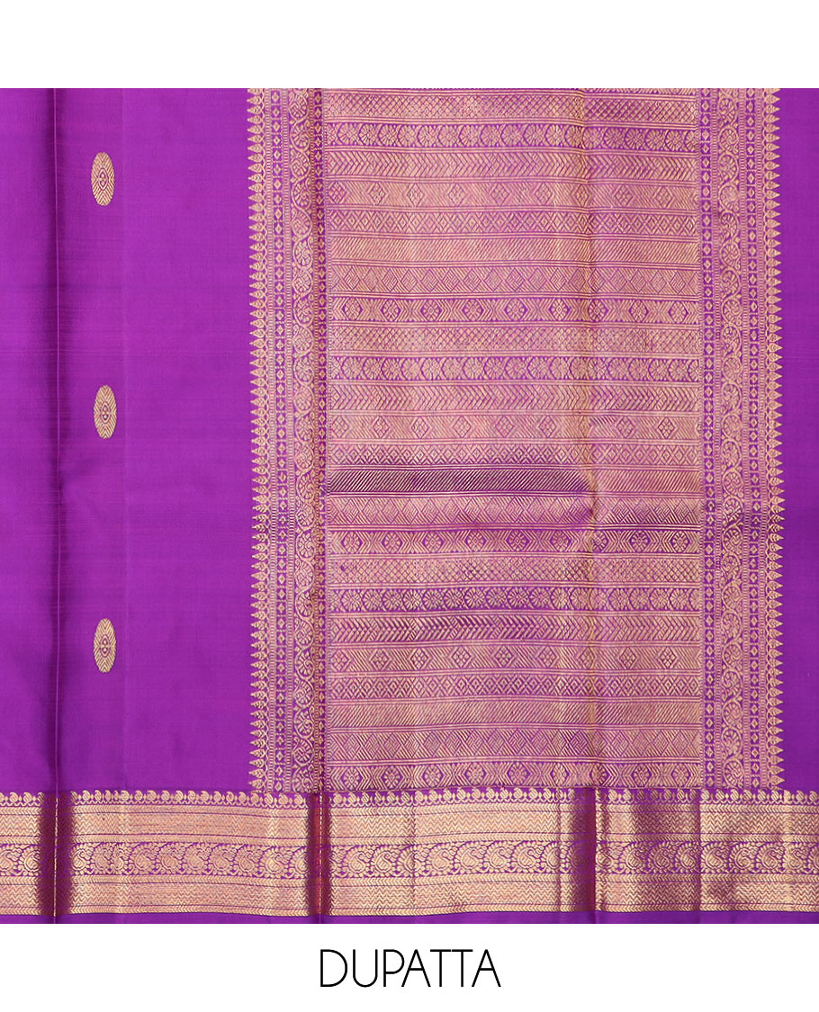 Pink puresilk halfsaree, zari buttas skirt,contrast border, and blouse of thilakam mokku,banaras,kamalam,jaal,mayil, and yaanai, and traditional motifs steeped dhavani