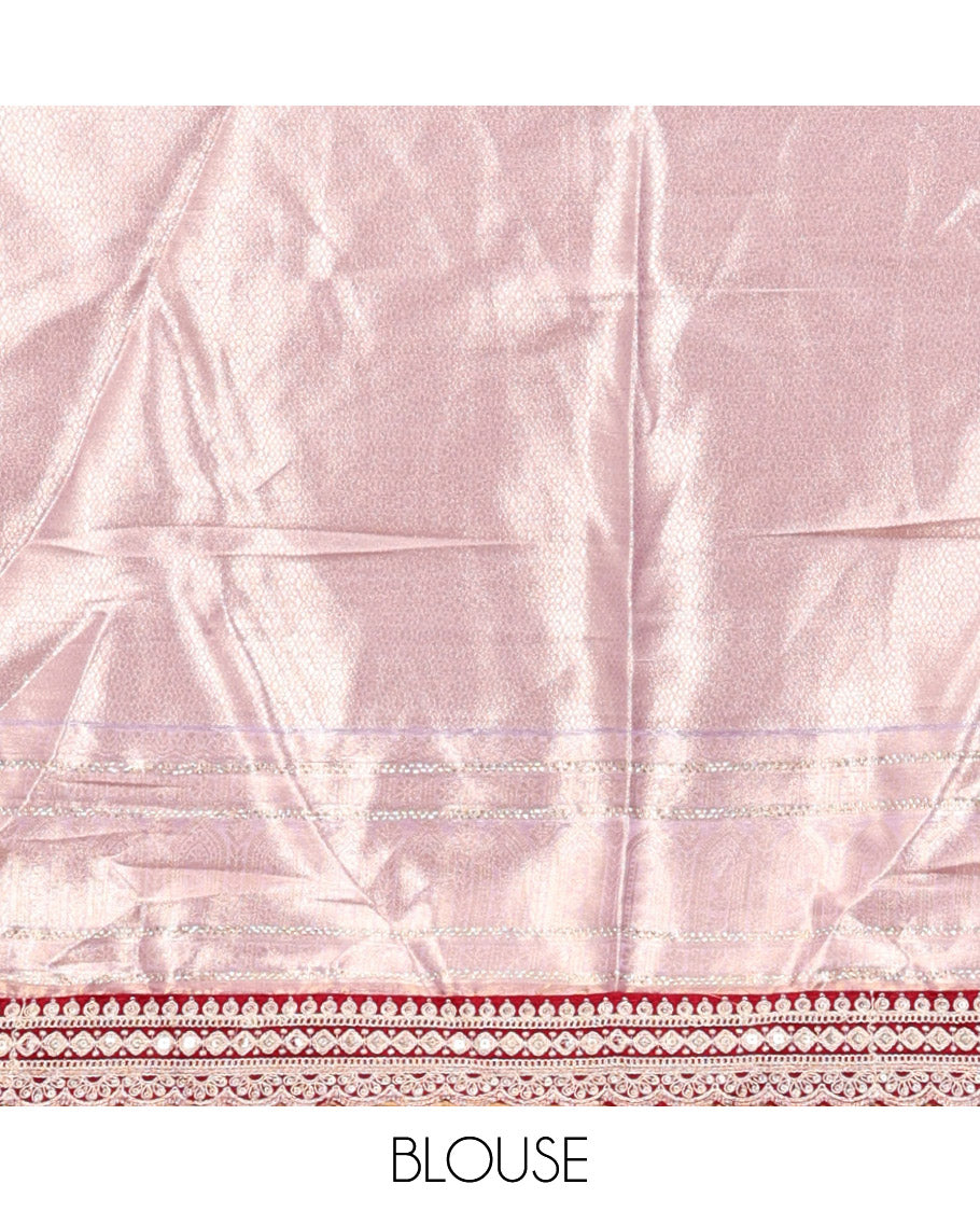 Grey Art Silk Half Saree, Gleamed Up with Jacquard Design Skirt, Contrast Embroidered Border, Jacquard Blouse, and a Contrast Embroidered Dhavani