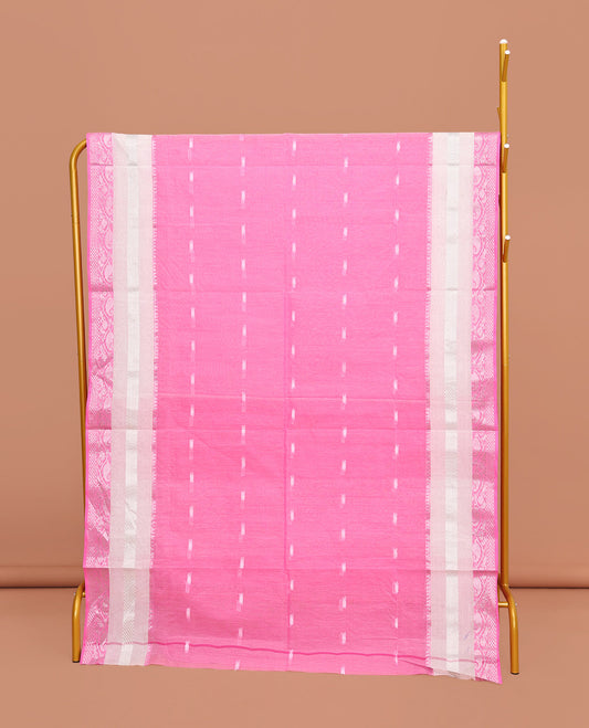 Rose Milk Pink Bengal Cotton Saree, Spotlighted with Buttas All Over Its Body, Complemented by a Traditional Zari Design Border, Pallu of Stripes, and Paired with a Matching Blouse