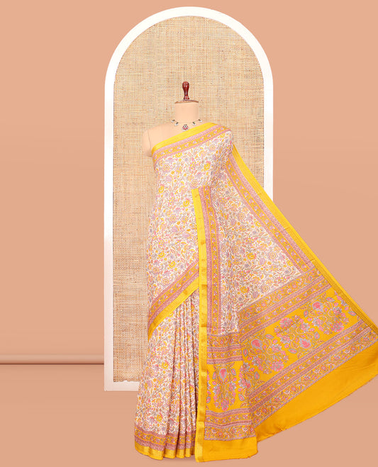 Off-White Floral-Vine Printed Silk Saree, a Contrast Traditional Border, Floral Pallu, Contrast Blouse