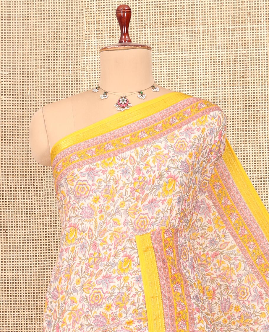 Off-White Floral-Vine Printed Silk Saree, a Contrast Traditional Border, Floral Pallu, Contrast Blouse