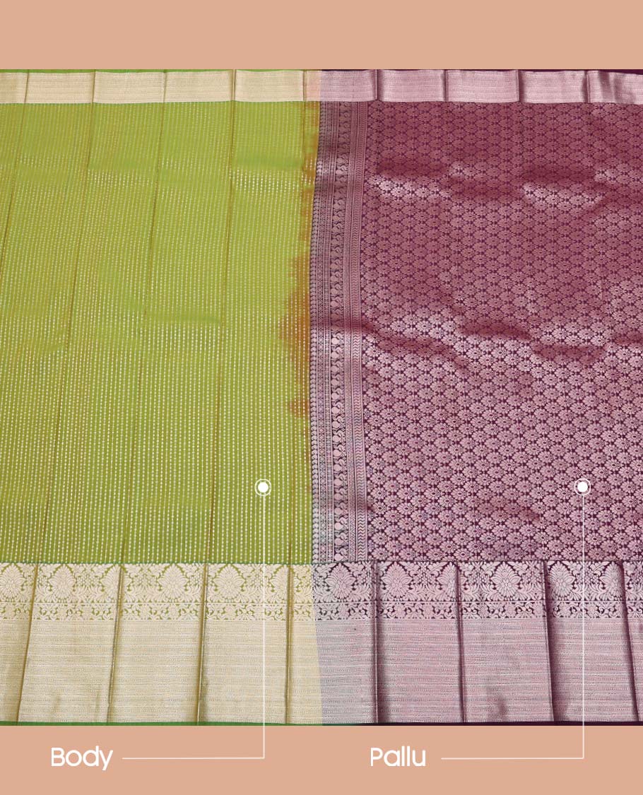 Green Budget Silk Saree, Entralled with Zari Stripes On Its Body, Highlighted by Traditional Zari Designs Woven Border, Grandly Decked Up Pallu and Paired with a Contrast Blouse