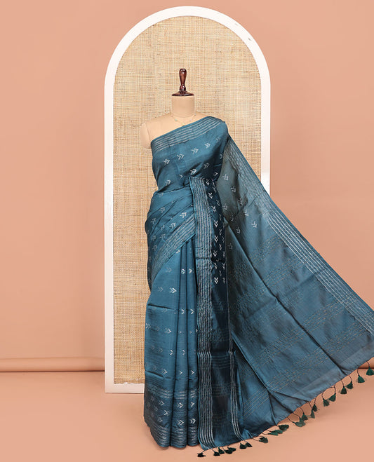 Blue Banana Pith Saree, Finely Crafted with Buttas All Over Its Body, Subtle Self-Border of Stripes and Buttas, Pallu Steeped with Stripes, and Paired with a Matching Blouse