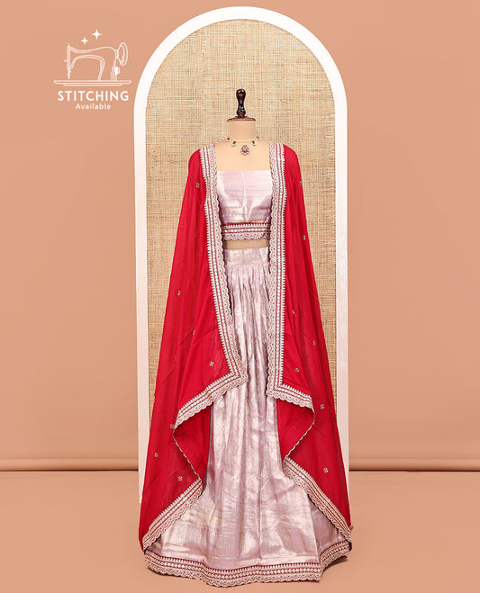 Grey Art Silk Half Saree, Gleamed Up with Jacquard Design Skirt, Contrast Embroidered Border, Jacquard Blouse, and a Contrast Embroidered Dhavani