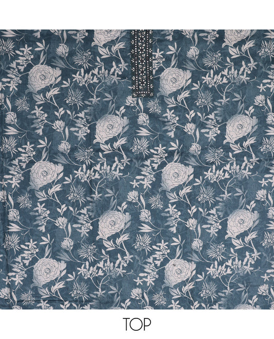 Blue Material Chudidar Set, Prettified with Floral Print and Embroidery on Cotton Top, a Plain Bottom, and Paired with a Floral Embroidered Scallop Dupatta