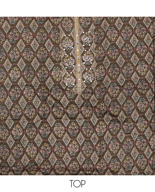 Green Cotton Material Chudidar Set, Elevated with Intricate Motifs Print, and Embroidery on Its Cotton Top, a Geometric Printed Cotton Bottom, and Paired with Printed Cotton Dupatta