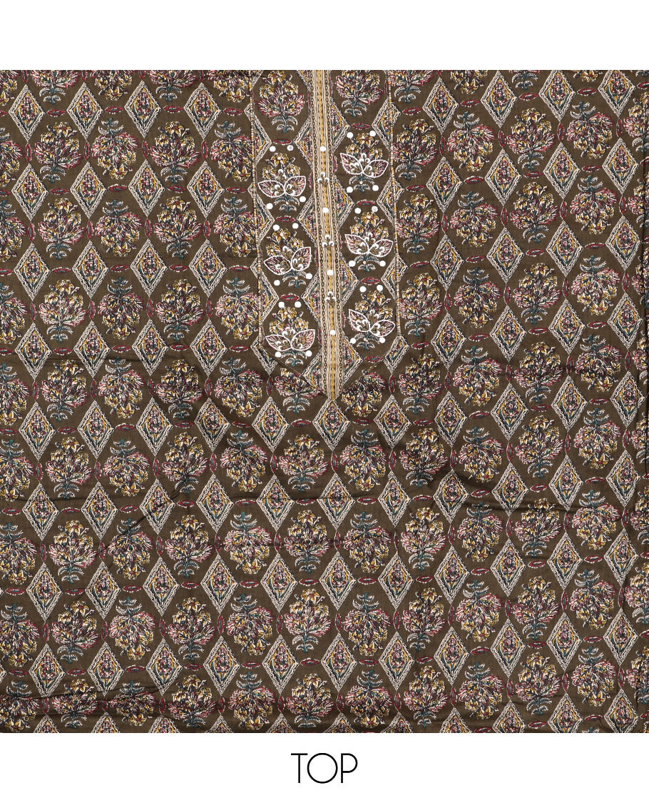 Green Cotton Material Chudidar Set, Elevated with Intricate Motifs Print, and Embroidery on Its Cotton Top, a Geometric Printed Cotton Bottom, and Paired with Printed Cotton Dupatta