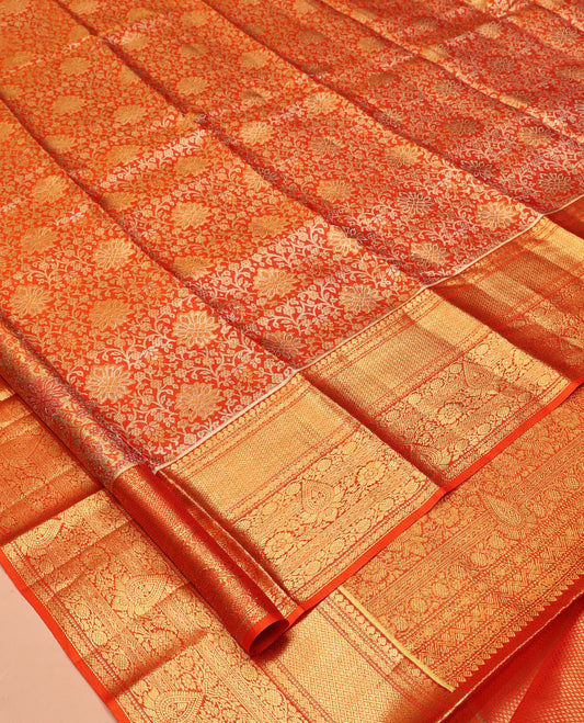 Orange Jacquard Kanchipuram Tissue Silk Saree, a Zari Border of Thilakam, Muthu, Mayil Kann, and Kodi Visiry Design, Grand Pallu, and a Matching Blouse