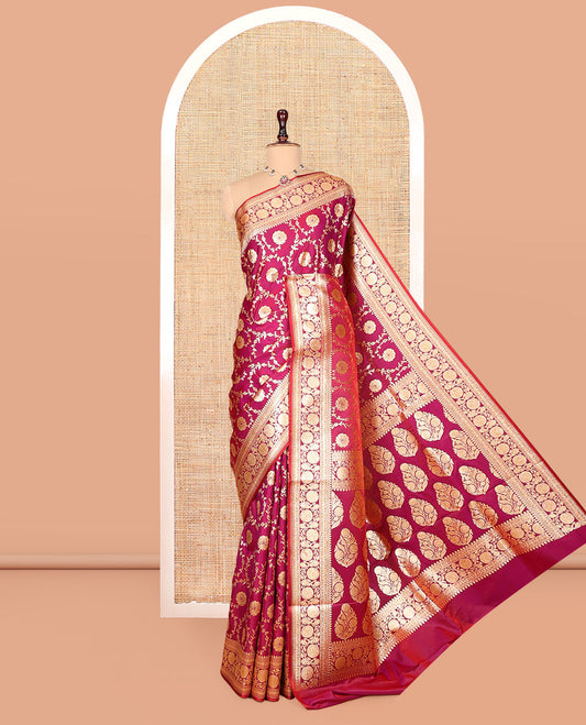 Magenta Banarasi Nylon Saree, Dazzled with Jacquard, a Floral Creeper Zari Border, Intricate Pallu, and a Matching Blouse