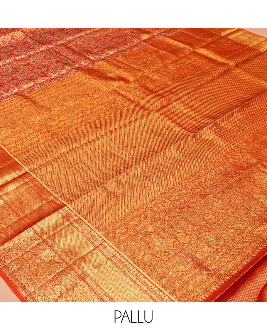 Orange Jacquard Kanchipuram Tissue Silk Saree, a Zari Border of Thilakam, Muthu, Mayil Kann, and Kodi Visiry Design, Grand Pallu, and a Matching Blouse