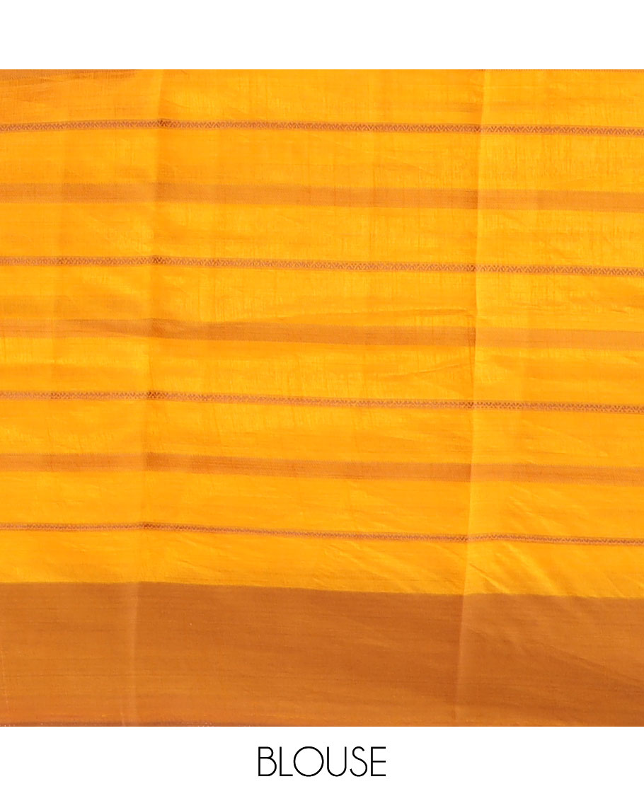 Yellow striped semi-banaras tussar saree with contrast border & checked pallu