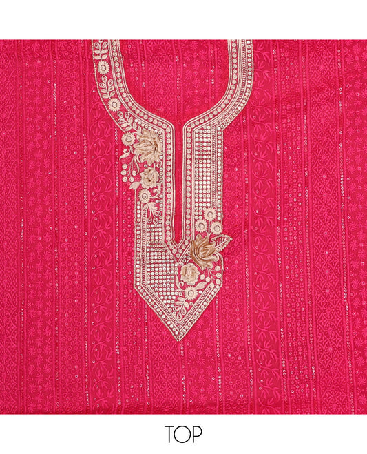 Pink chudidhar material set , floral embroidery, sequins top, plain bottom & floral sequins with scallop border dupatta