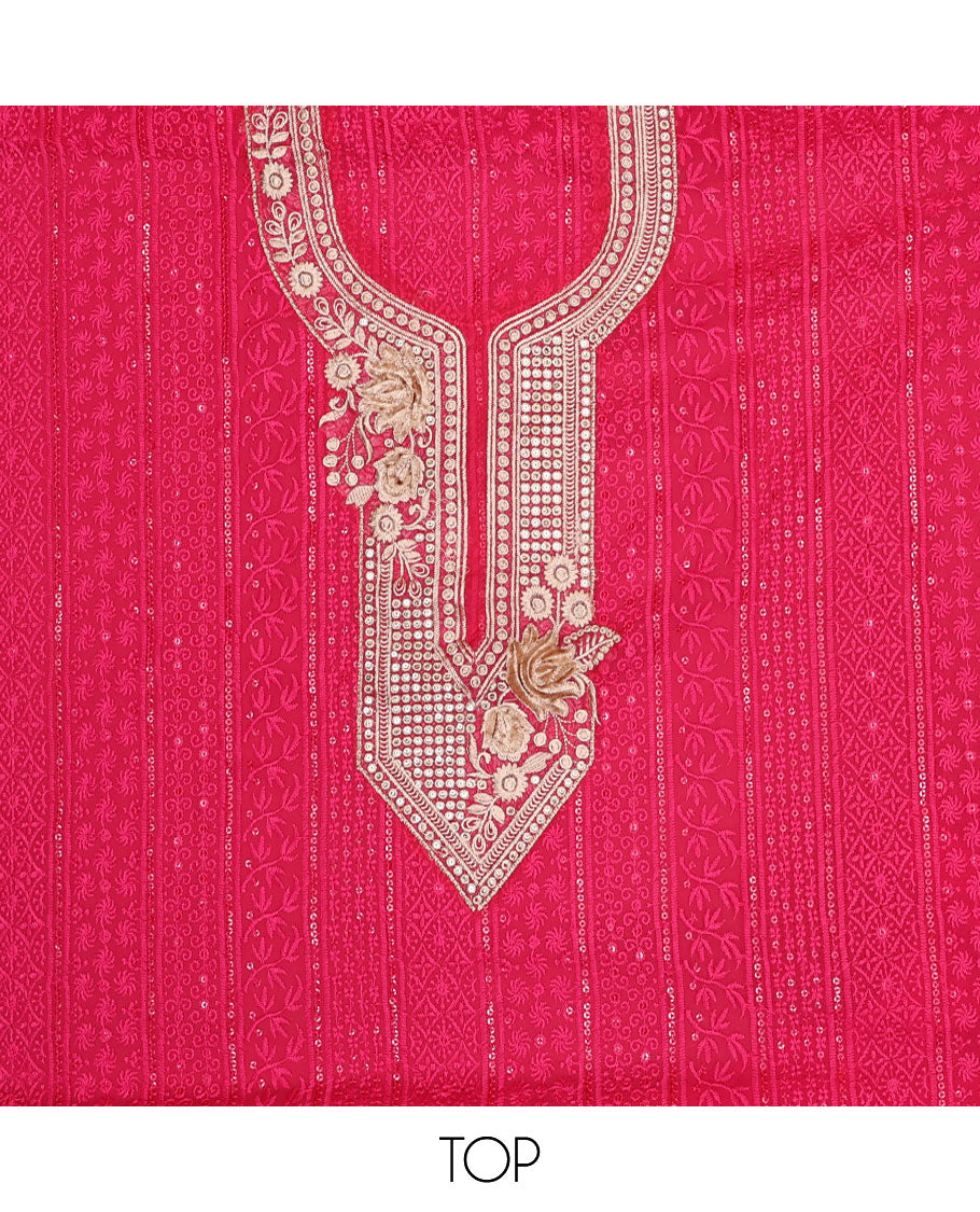 Pink chudidhar material set , floral embroidery, sequins top, plain bottom & floral sequins with scallop border dupatta