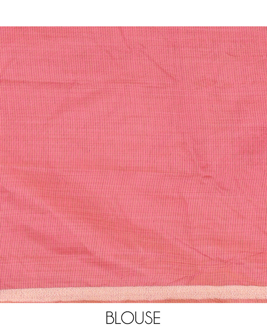 Onion Pink Plain Jamdani Cotton Saree, Highlighted by a Golden Zari Border, Pallu of Kashmiri-Style Weaving, and Paired with a Contrast Striped Blouse