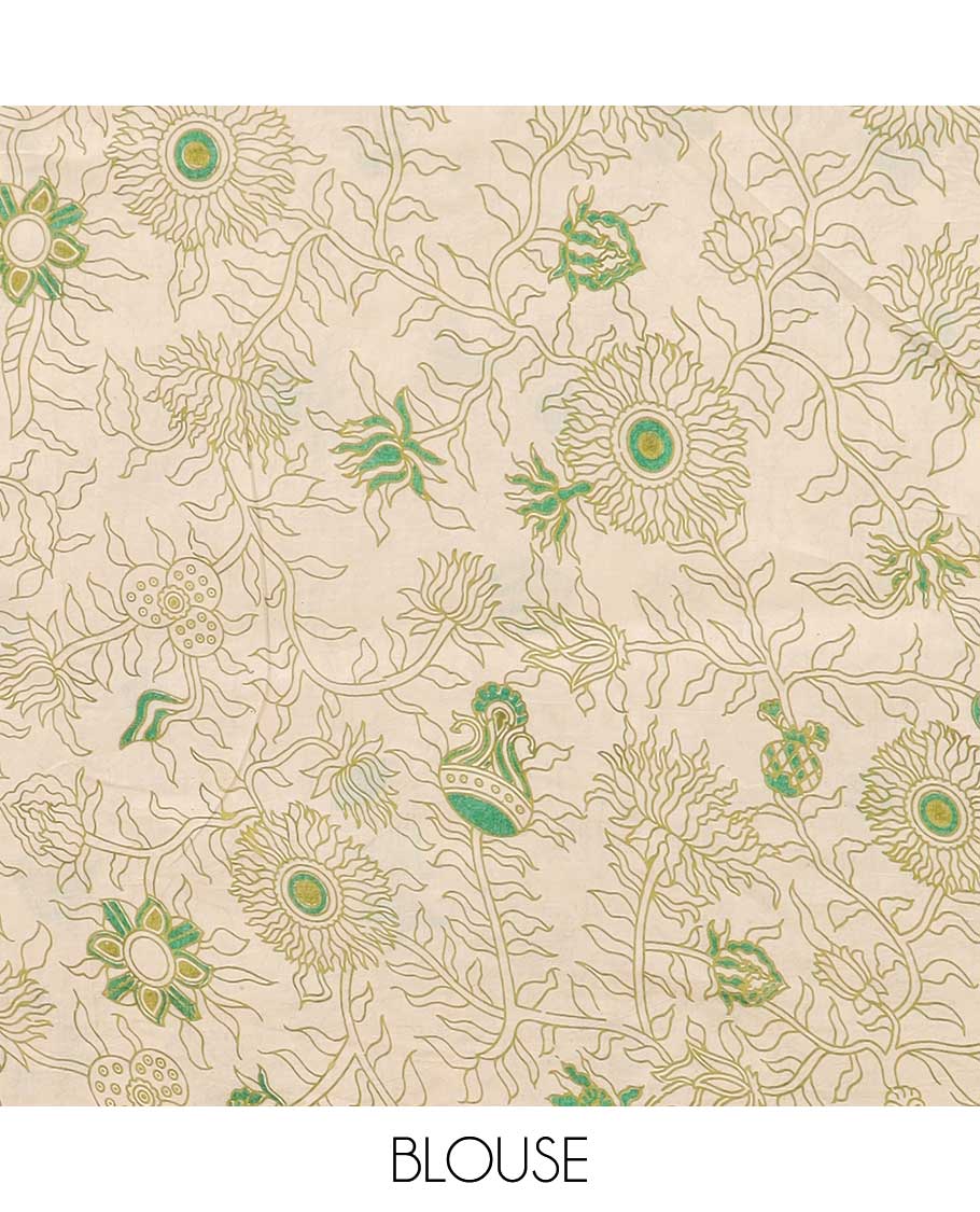 Green floral design machine-printed kalamkari cotton saree with contrast border & intricate floral design pallu