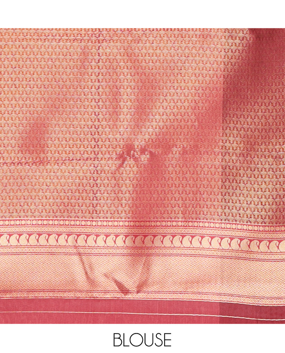 Cream-Maroon Embossed Art Kanchi Silk Saree, a Contrast Traditional Zari Border, Intricate Pallu, and a Contrast Blouse