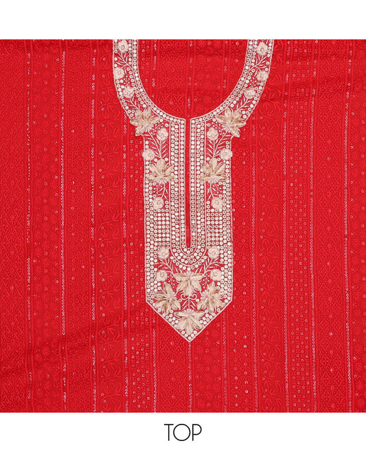 Red chudidhar material set , floral embroidery, sequins top, plain bottom & floral sequins dupatta