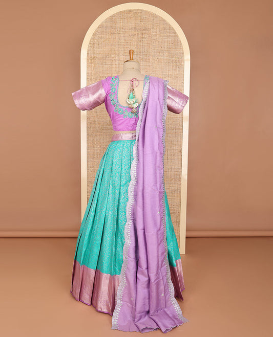 Sea blue floral art silk half saree with contrast zari design border, embroidered blouse & floral embroidery dhavani