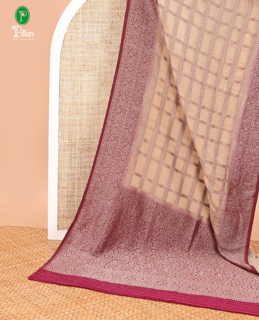 Chikku color rudraksh checks pattern fancy crape copper zari banaras border & rich pallu along with butta design blouse