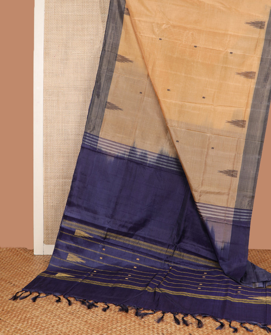 Sandal Banana Pith Saree, Lightly Embellished with Temple Buttas All Over Its Body, Complemented by a Contrast Border, Pallu Depicting Buttas, and Paired with a Contrast Blouse