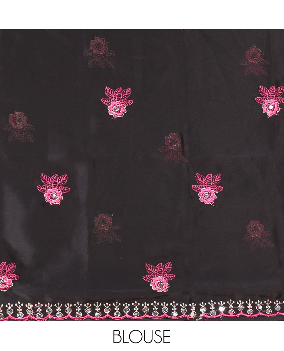 Rani Pink Rangoli Chiffon Saree, Decorated with Flower-Style Motifs Embroidered on Its Body, a Subtle Scallop Embroidered Border, a Self-Pallu, and Paired with a Contrast Embroidered Blouse