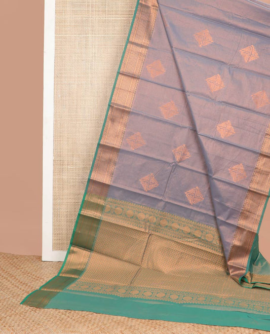 Lavender floral motifs semi silk cotton saree with contrast zari design border & chevron design pallu