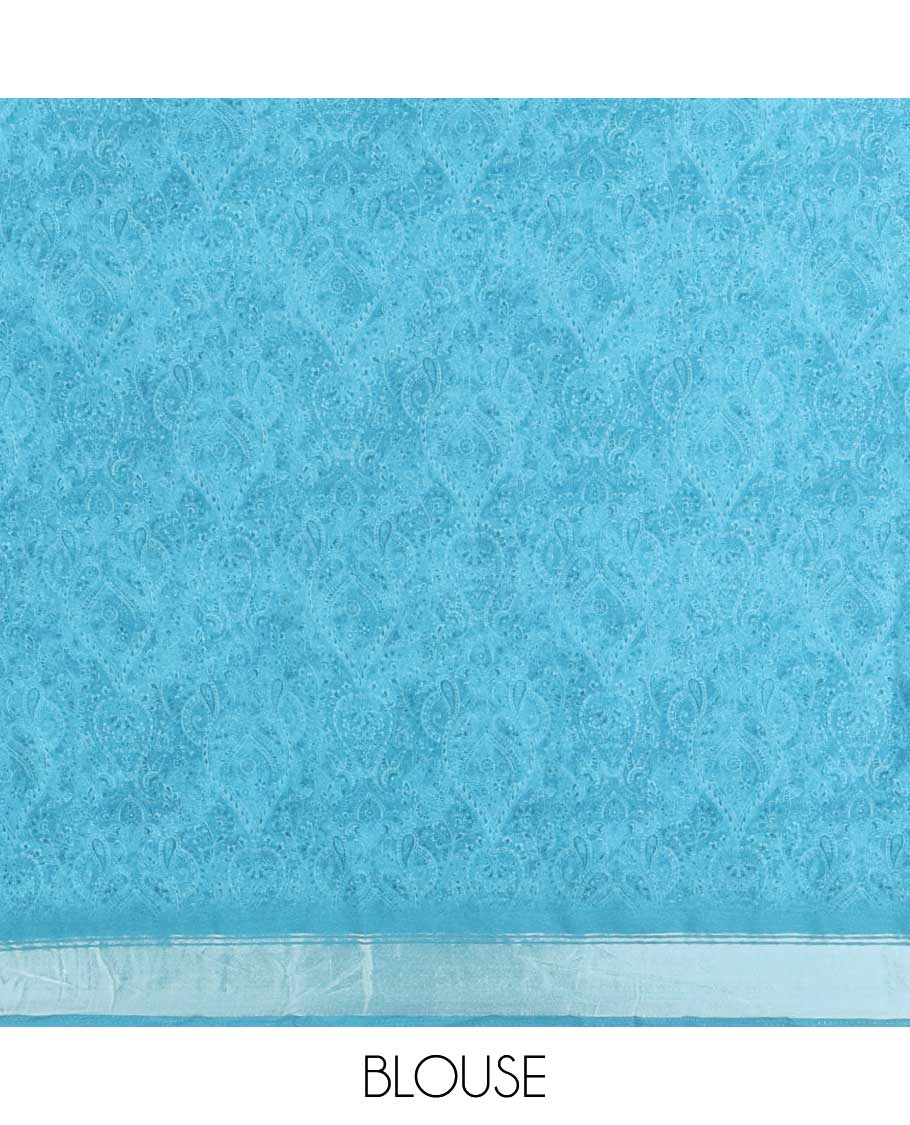 Blue mango design printed crepe viscose saree with bawanchi border & printed pallu along with negative printed blouse