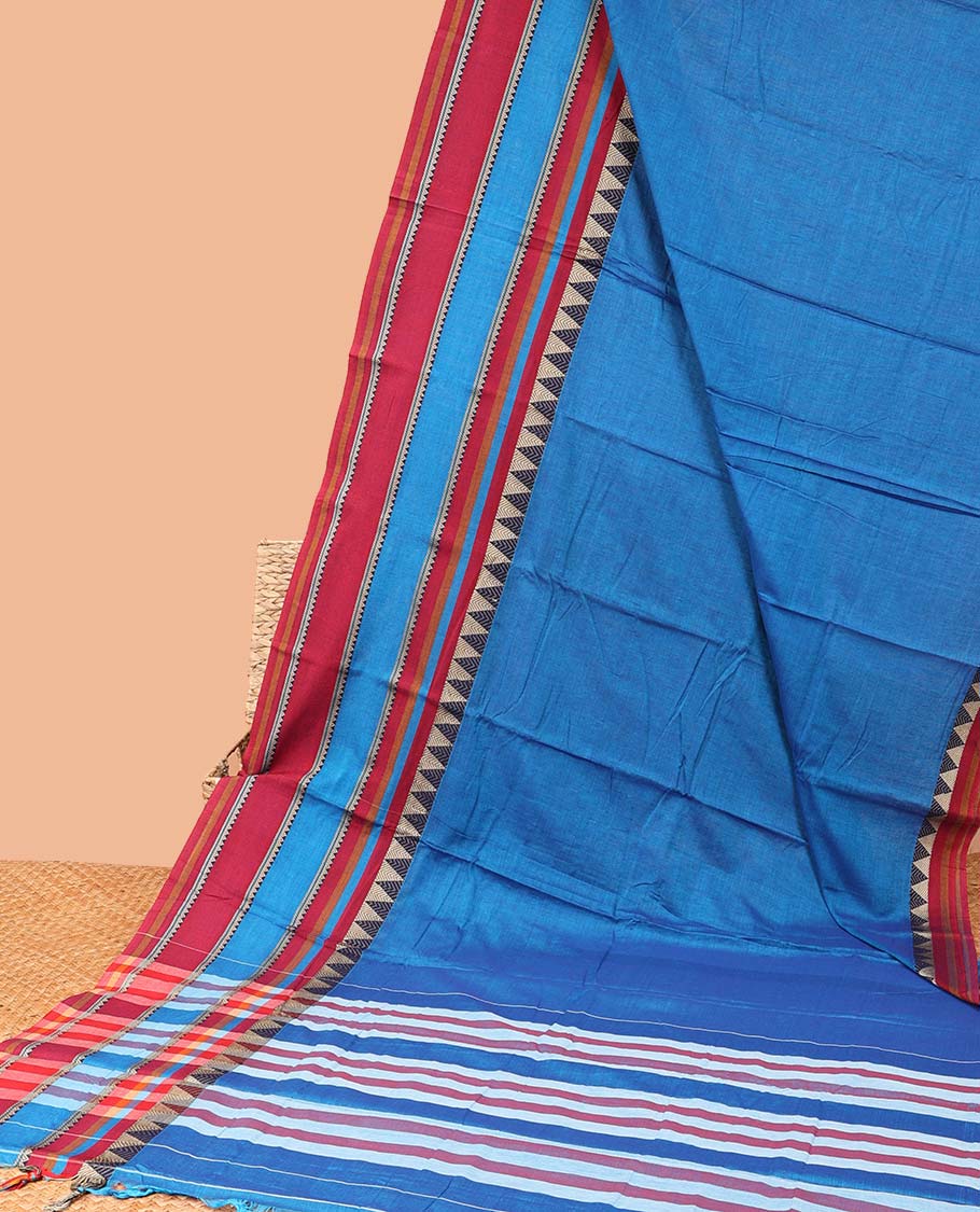 Blue plain Narayanapet cotton saree, contrast traditional design border & striped pallu