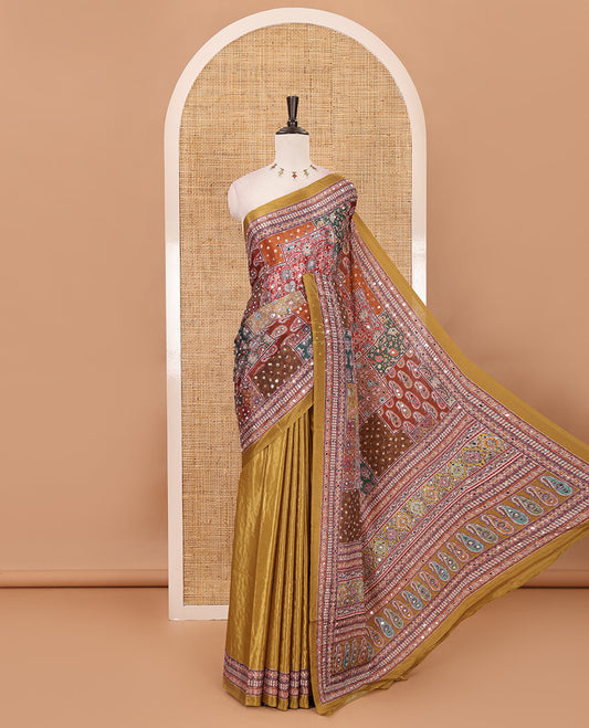 Mustard geometric patterns kaleidoscope-colored printed & mirror embroidered half-&-half masakali saree, printed border & pallu of  embroidery work & plain blouse
