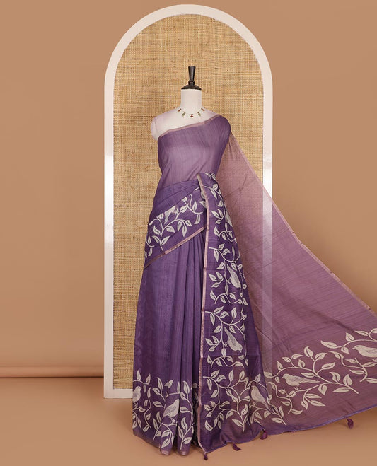 Violet plain Chanderi silk saree, floral vine, and sparrow motifs printed skirt border, and pallu, sparrow motifs printed blouse