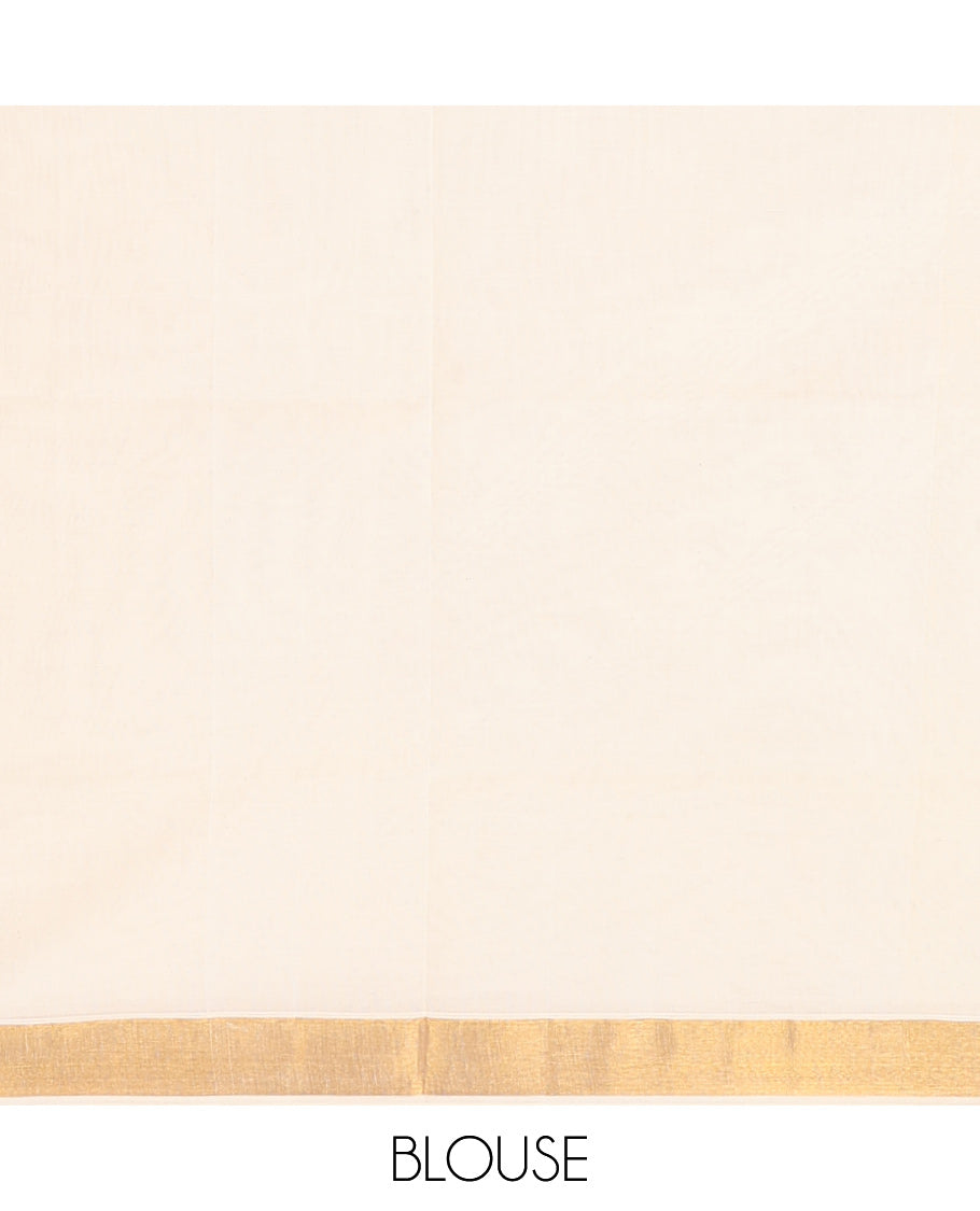 Cream Kerala Saree, Decked Up with Zari Buttas on Its Body, Bavanji Zari Border, Pallu Delicately Woven with Zari Designs, and Paired with a Matching Blouse