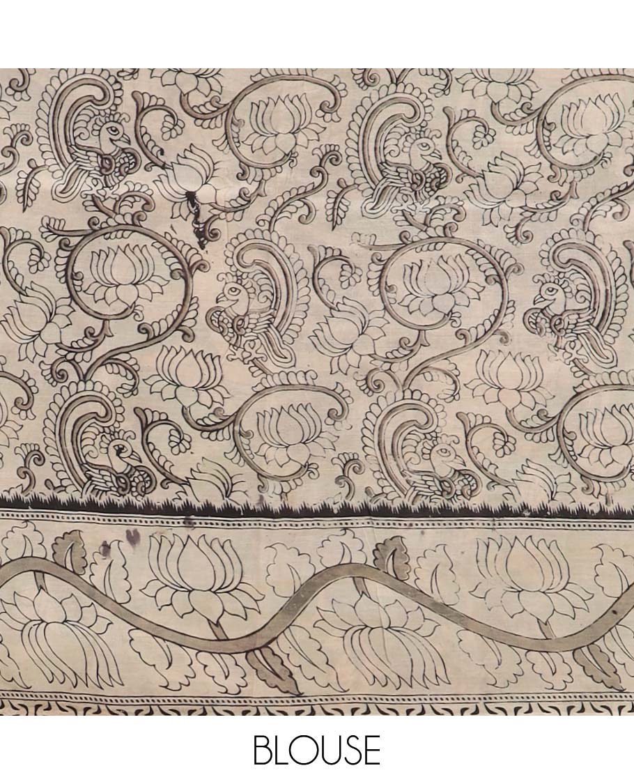 Black floral vine design machine printed kalamkari cotton saree with contrast floral border & peacock,floral design pallu