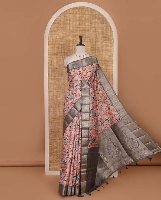 Grey kalamkari floral vine printed fancy tussar saree, contrast traditional zari border, intricate pallu, and floral printed zari border blouse