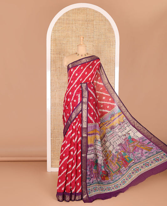 Rani pink batik style lehariya stripes printed muslin silk saree, contrast peacock zari woven border, Mughal inspired painting style motifs printed pallu and a contrast blouse