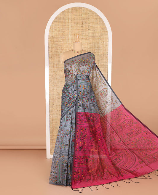 Borderless elephant grey and pink Warli village printed khadi mul cotton saree, contrast Warli motifs printed pallu, and a plain blouse