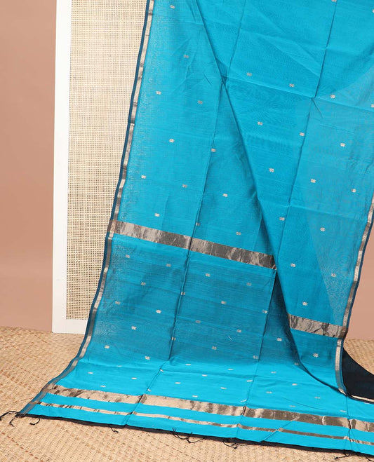 Blue motifs maheshwari cotton saree with contrast zari border & striped, floral design pallu