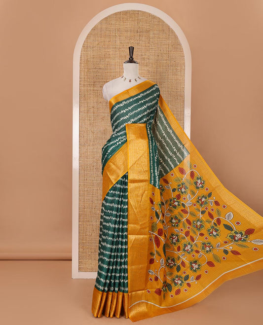 Green zari striped & uniquely printed soft tusser saree,contrast traditional zari border,kalamkari floral print pallu & zari design blouse