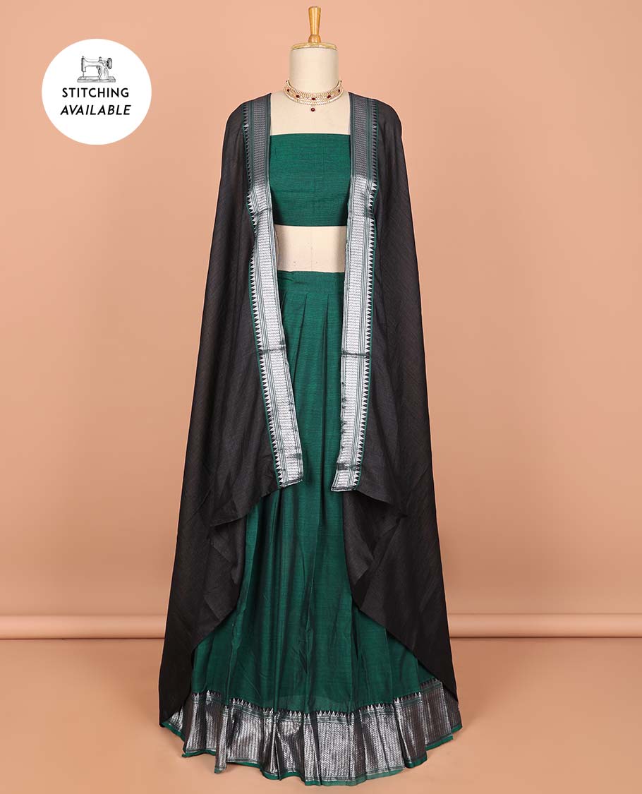 Violet cotton half saree with contrast zari border, plain blouse & plain with zari border dhavani