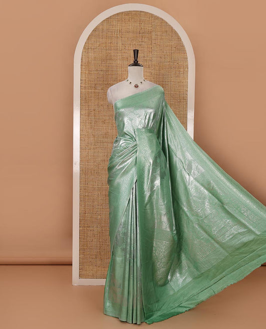 Green lotus zari jacquard softy saree, floral vine zari border, zari woven floral design pallu & matching zari jacquard blouse