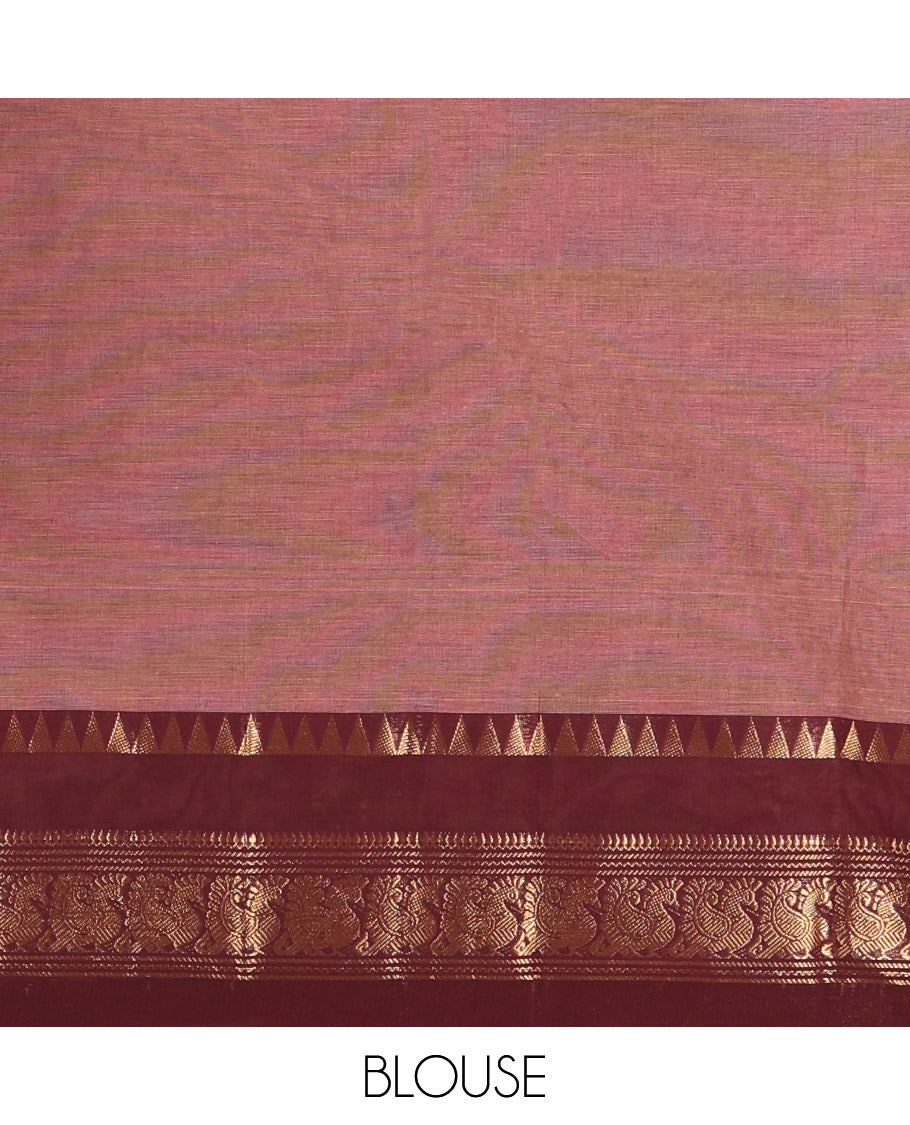Mauve Plain Chettinad Cotton Saree, Complemented by Contrast Rettai Pettu Traditional Zari Border of Temple and Peacock Designs, Striped Pallu, and Paired with a Matching Blouse