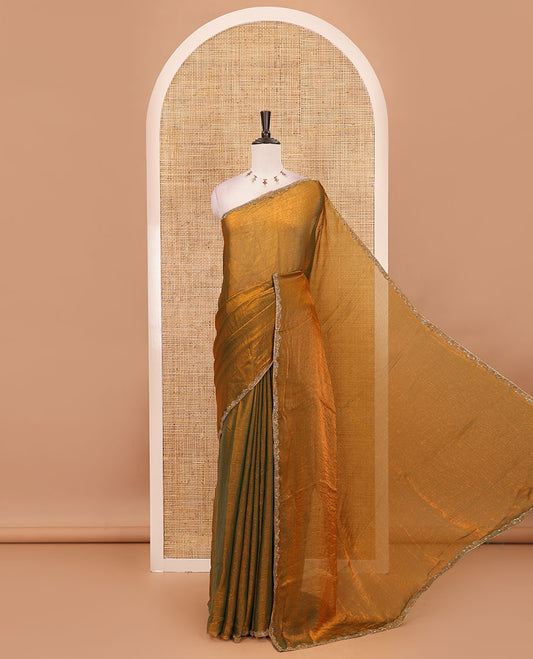 Mehendi green full-plain fendy chiffon saree, hand kardana embroidered border & contrast wine color plain blouse with kardana embroidered border