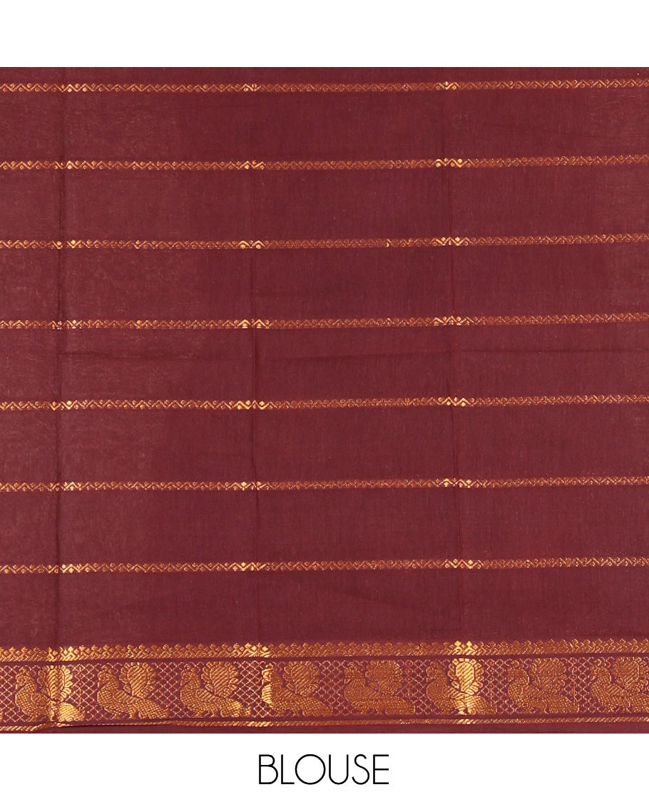 Brown Plain Sungudi Cotton Saree, Highlighted by Traditional Rettai Pettu Rudraksham Border, Striped Pallu, and a Matching Blouse