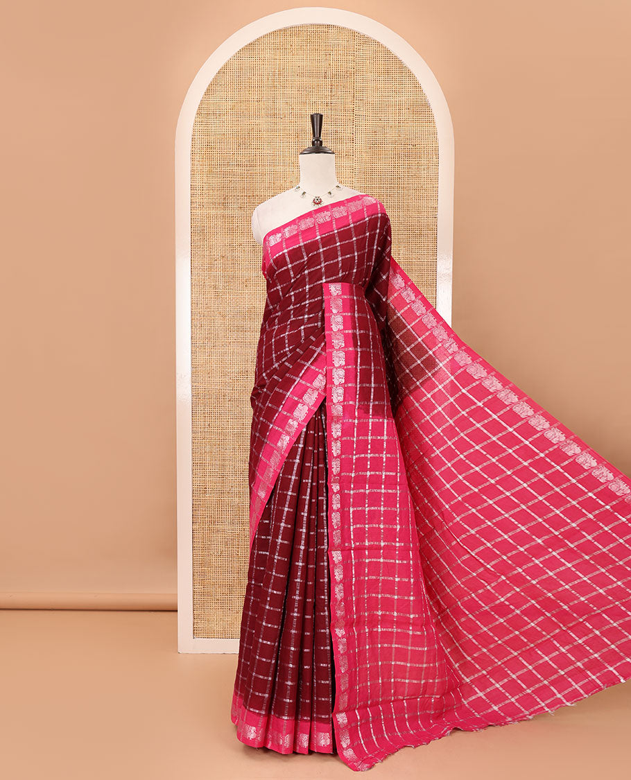Maroon zari checked sungudi cotton saree, contrast pink border of zari peacock motifs & checked peacock motif pink blouse