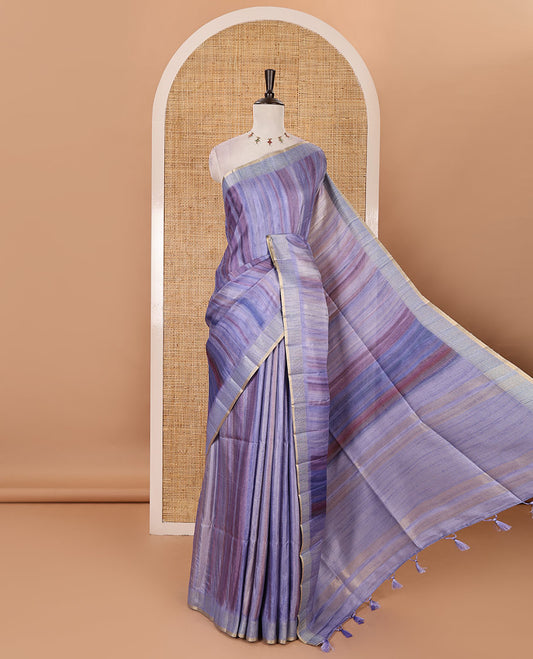 Lavender hand brushing-style multi-colored stripes printed fancy tussar silk saree, zari border, self-pallu & blouse of zari work & stripes print