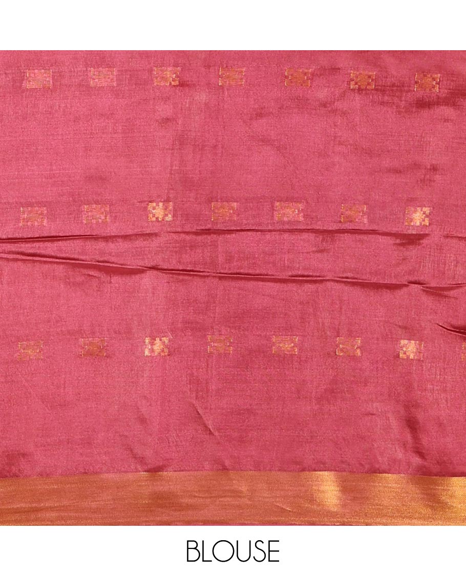 Onion pink zari buttas banana pith silk saree, zari bavanji border, zari striped pallu, and a matching zari design blouse