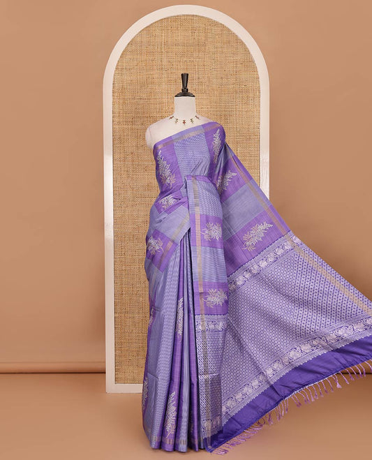 Violet vertical striped & floral motifs Katan silk saree, zari piping border & pallu of yaali & jaal motifs