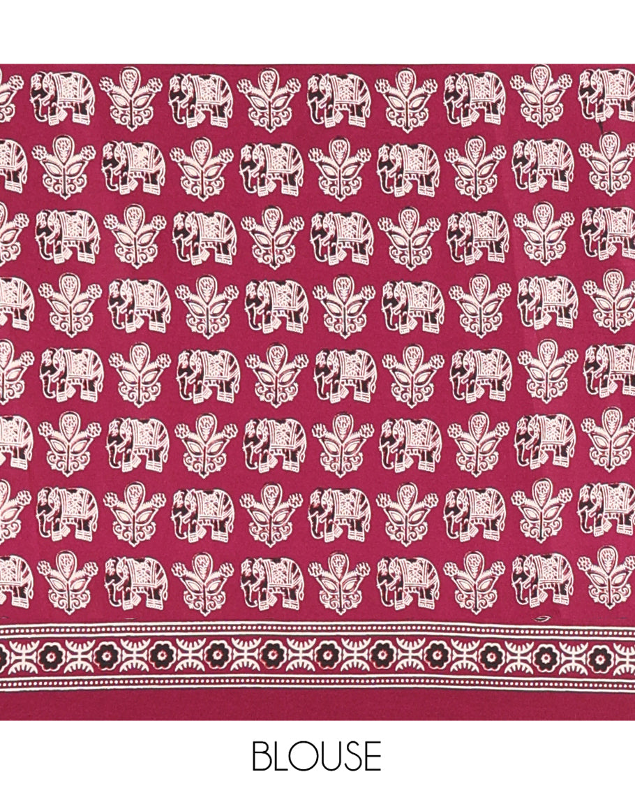 Wine Satin Crepe Saree, Adorned with Ajrakh and Elephant Print, Intricately Printed Border, a Matching Blouse
