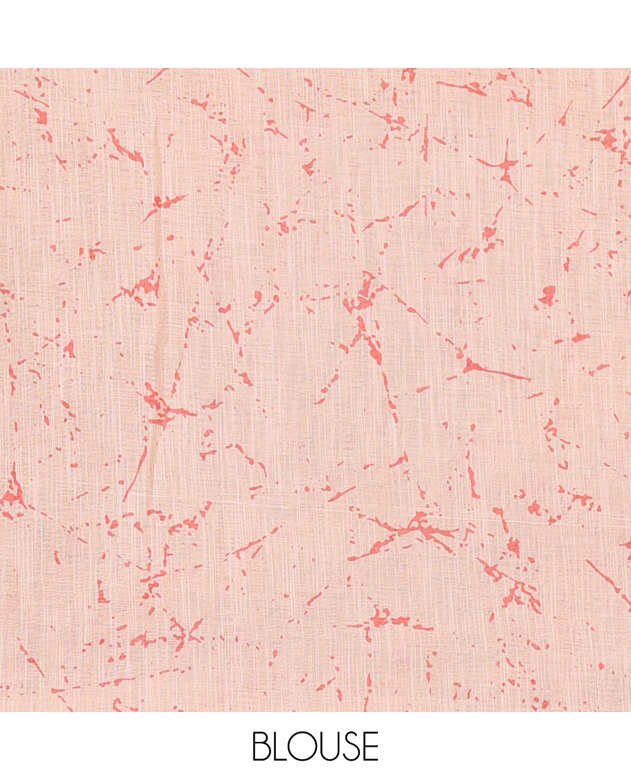 Peach tropical leaf motifs batik printed linen cotton saree, piping border, batik printed pallu and a contrast batik printed blouse